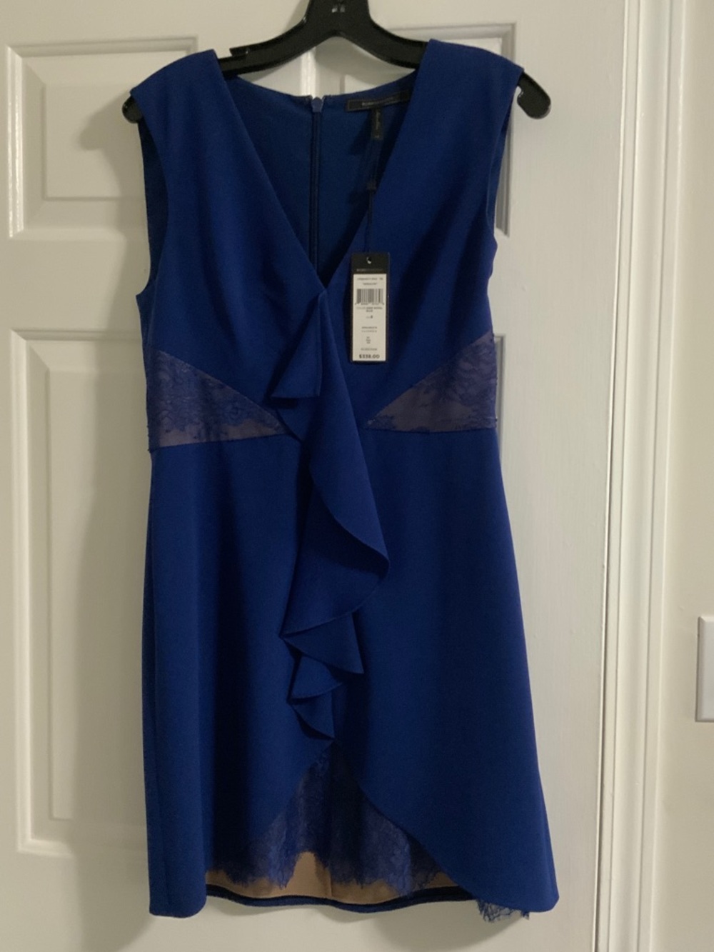 BCBGMaxAzria Cobalt Blue Asymmetrical Ruffle Dress with Lace Insets
